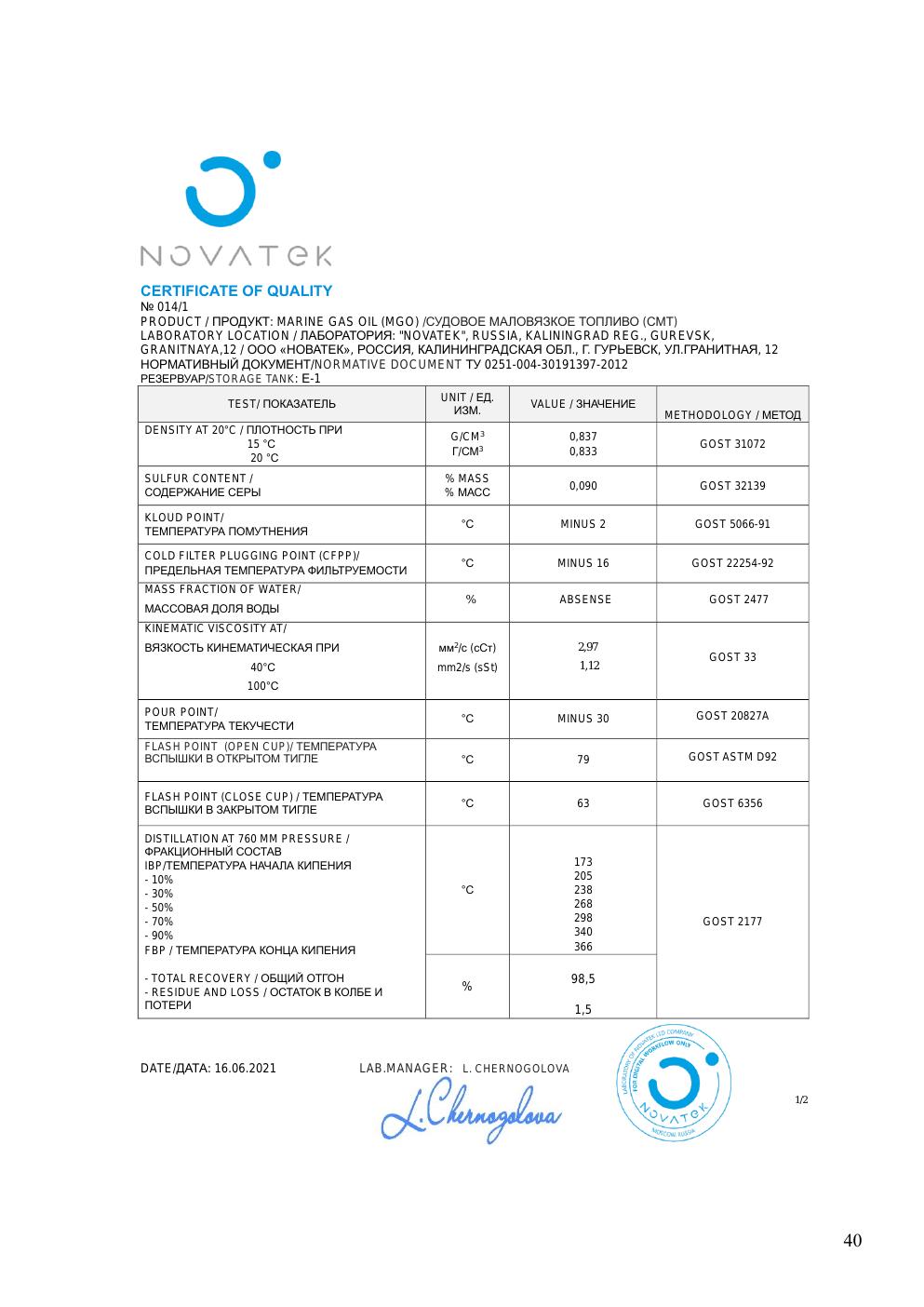Сертификат качества MGO